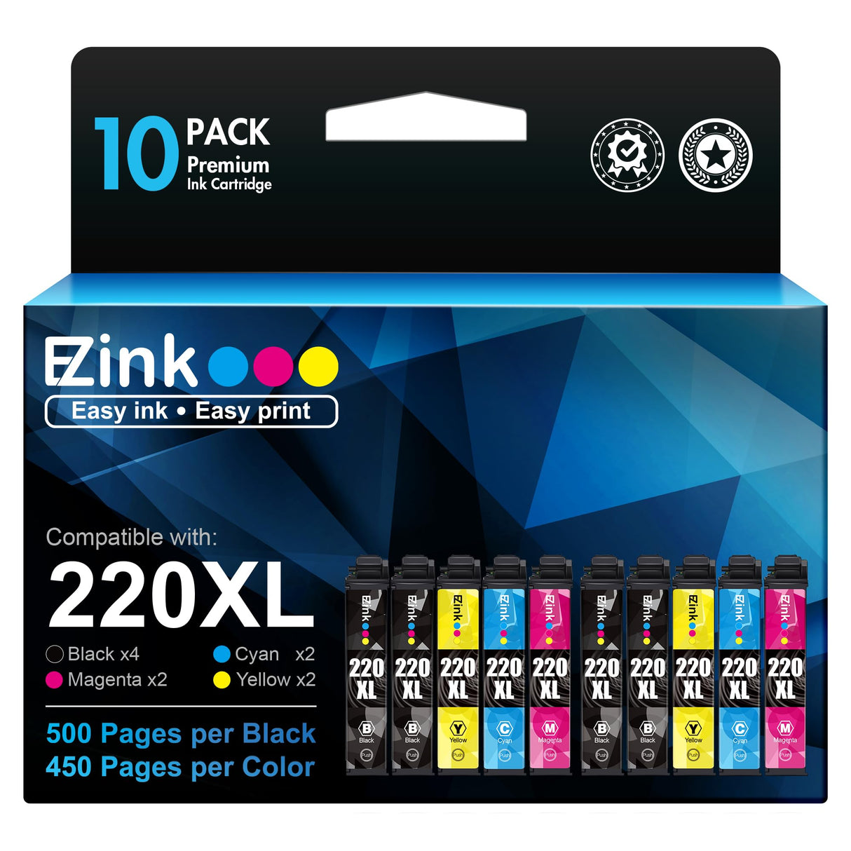 E-Z Ink Remanufactured Ink Cartridge Replacement for Epson 220 XL 220XL T220XL to use with WF-2760 WF-2750 WF-2630 WF-2650 WF-2660 XP-320 XP-420 XP-424(4 Black, 2 Cyan, 2 Magenta, 2 Yellow) 10Pack E-Z Ink
