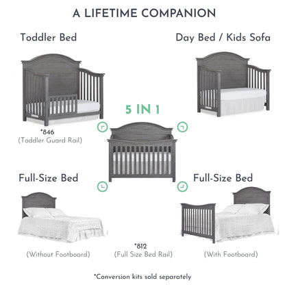 Evolur Belmar Curve 5-in-1 Convertible Crib in Rustic Grey, Greenguard Gold Certified, Features 3 Mattress Height Settings, Crafted from Hardwood, Wooden Nursery Furniture - WoodArtSupply