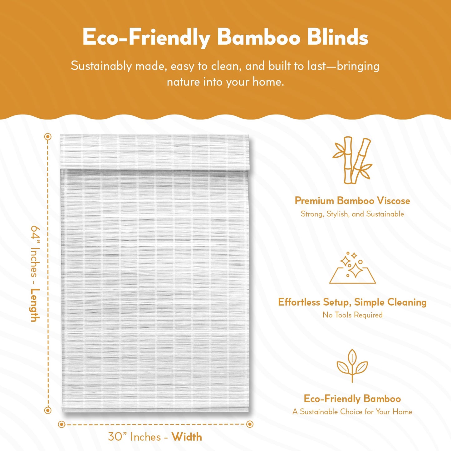 Radiance Cordless Bamboo Roman Shades for Windows - Matchstick Bamboo Blinds for Semi-Private Light Control - Easy to Lift & Fold Up Window Shades - White - 30" W x 64" L - (2215328E)