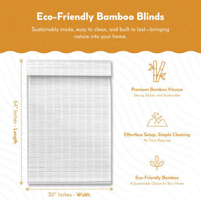 Radiance Cordless Bamboo Roman Shades for Windows - Matchstick Bamboo Blinds for Semi-Private Light Control - Easy to Lift & Fold Up Window Shades - White - 30" W x 64" L - (2215328E)