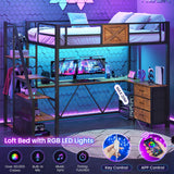 Itaar Stairway Twin Size Loft Bed with L Shaped Desk and Wardrobe, Metal Loft Bed Frame with Storage Stairs, 3 Fabric Drawers, LED Lights & Charging Sation, Rustic Brown Itaar