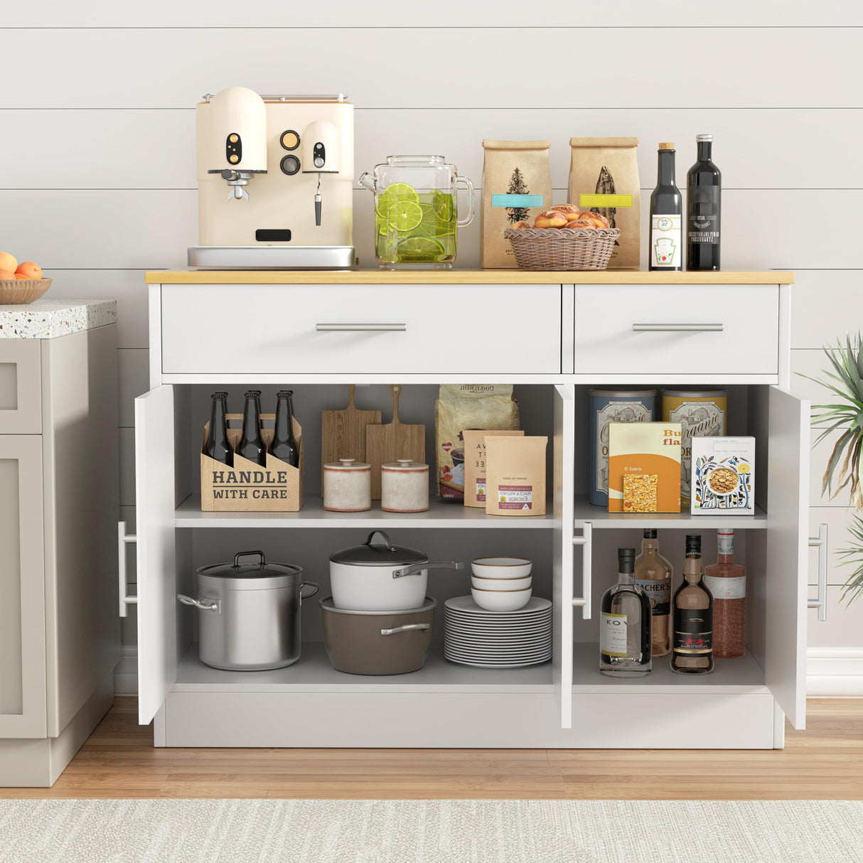 Shintenchi 3 Doors Farmhouse Sideboard Buffet Cabinet,41" Barn Doors Buffet with Storage,Wood Coffee Bar Cabinet with Adjustable Shelf for Kitchen,Living Room,White Shintenchi