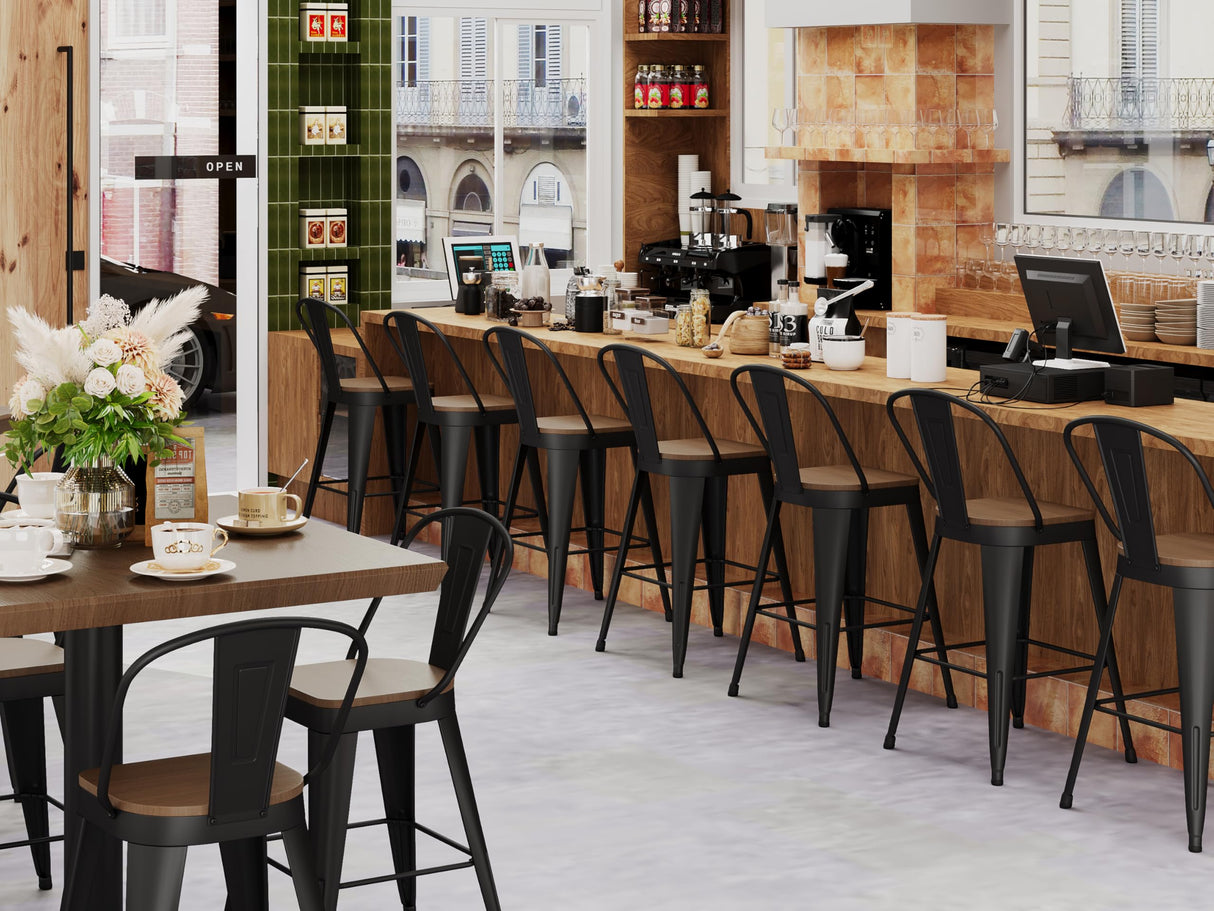 Andeworld Metal Bar Stools Set of 4, 24 inch Counter Height Barstools with Backs Farmhouse Modern High Back Bar Stools with Larger Seat Kitchen Dining Bar Chairs,Matte Black Andeworld