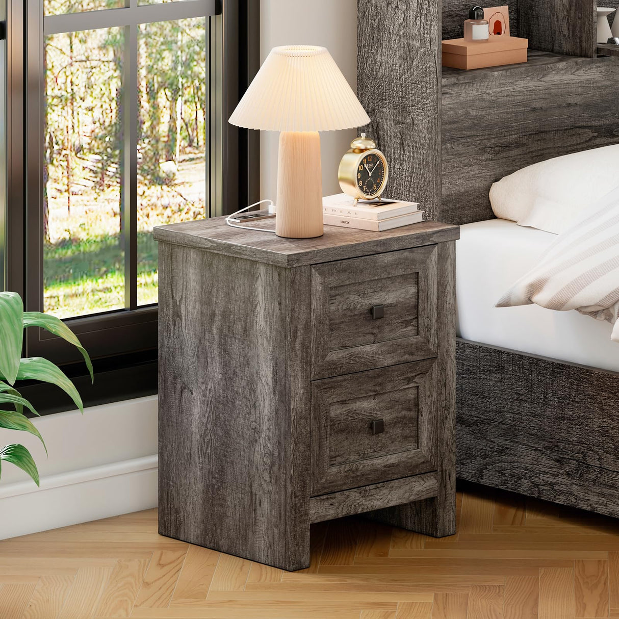 LUXOAK Nightstand Set of 2 with Charging Station, Farmhouse End Table with 2 Drawers Storage Cabinet, Rustic Wood Sofa Side Table for Bedroom, Living Room, Office, Grey LUXOAK