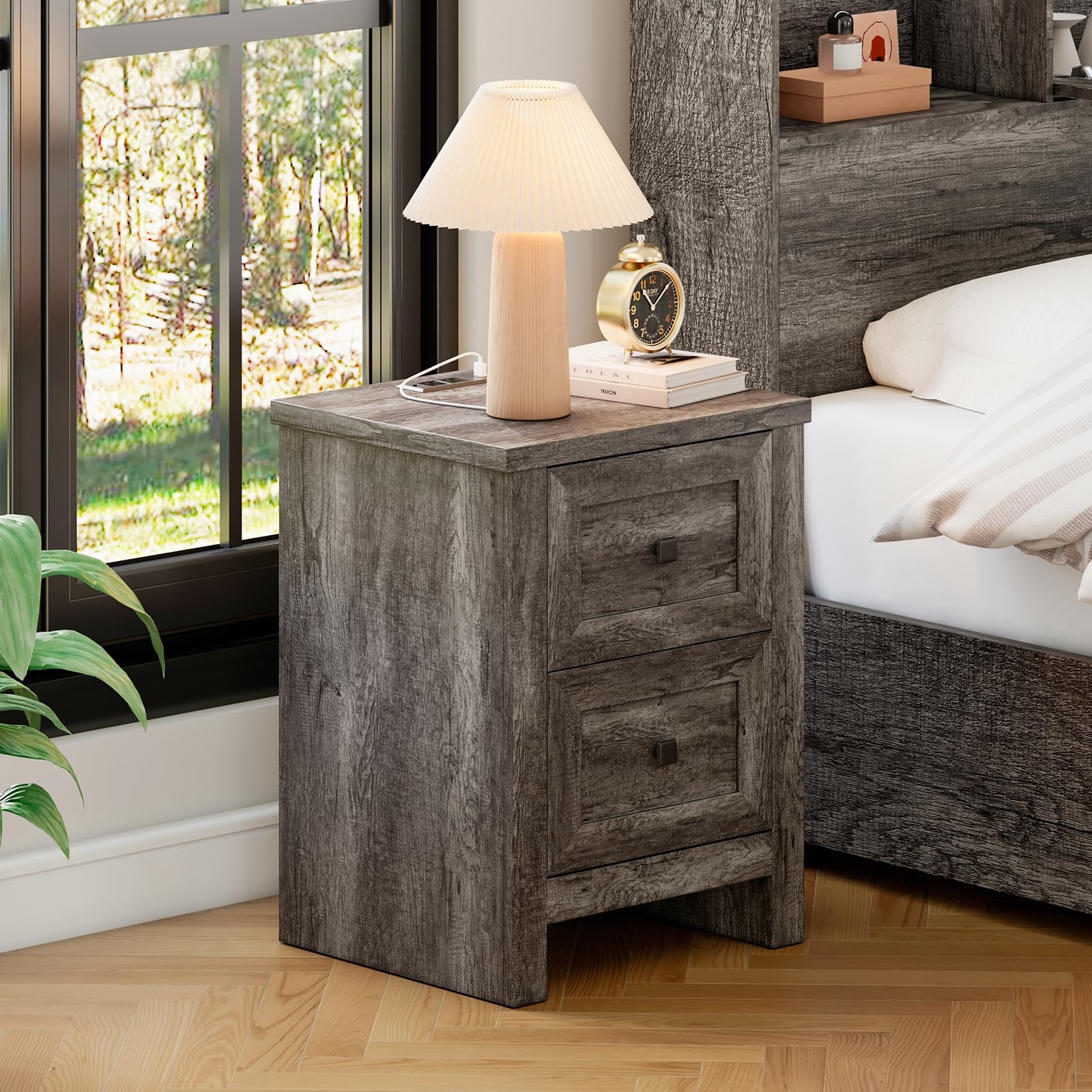 LUXOAK Nightstand Set of 2 with Charging Station, Farmhouse End Table with 2 Drawers Storage Cabinet, Rustic Wood Sofa Side Table for Bedroom, Living Room, Office, Grey - WoodArtSupply