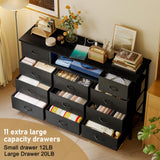 YGEOMER 59in Long Black Dresser for Bedroom TV Stand with Charging Station and LED Lights, Black Dresser with 11 Drawers, Fabric Chest of Drawers with PU Finish for Bedroom, Entryway YGEOMER