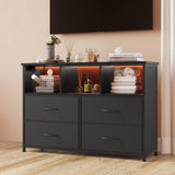 LUMTOK 4-Drawers Dresser with 3 Open Storage Shelves, Fabric Dressers Drawers for Bedroom, Hallway, Nursery, Closets, Steel Frame, Wood Top, Easy Pull Handle (Black) LUMTOK