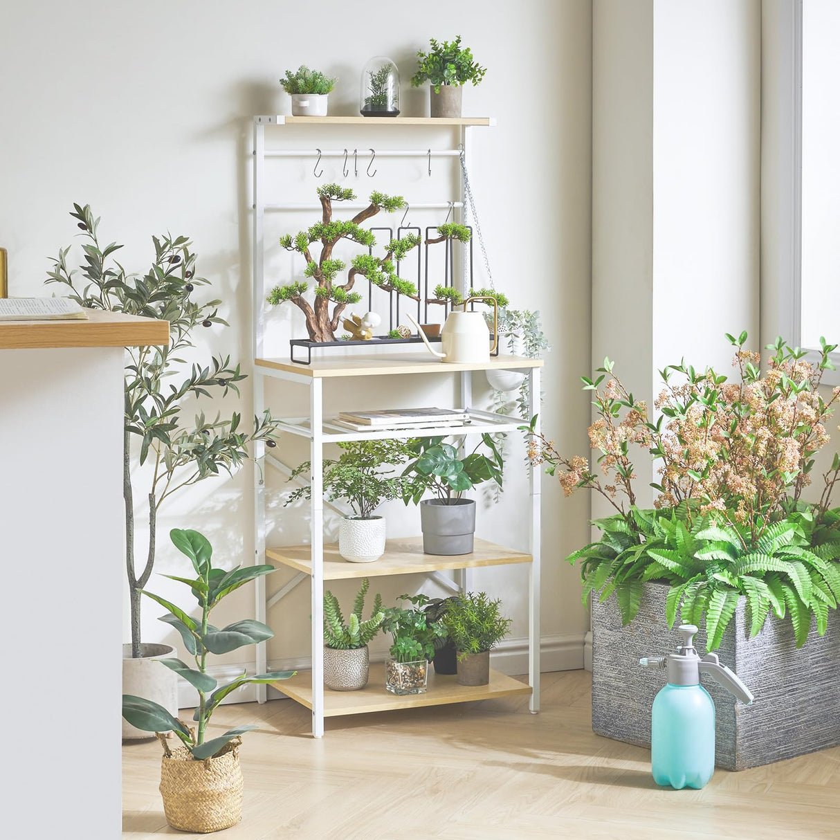 YMYNY Kitchen Baker's Rack, Microwave Oven Stand with Storage Shelves, Wine Holders, S-Hooks, Adjustable, Metal Frame, Natural Color UHBR001R YMYNY