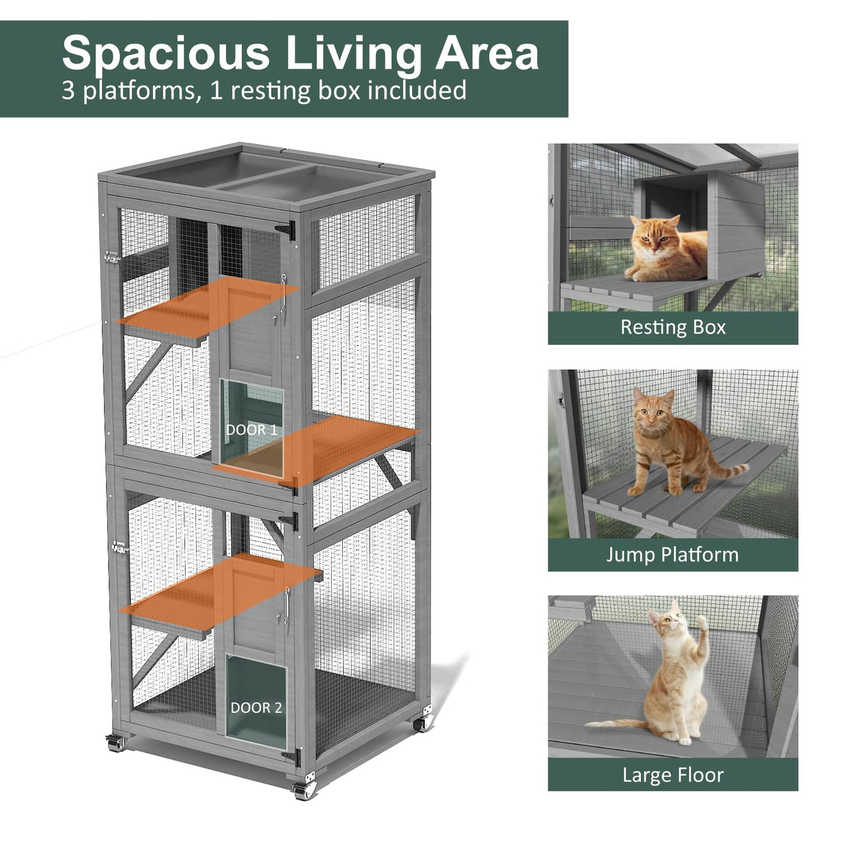 TIMHAKA Catio Outdoor Cat Enclosure, 4 Tier Indoor Catio with 4 Wheels, Platforms and Resting Box, Cat Cage with Waterproof Roof, Feral Animal Shelter with Removable Bottom and Easy Clean PVC Layer TIMHAKA
