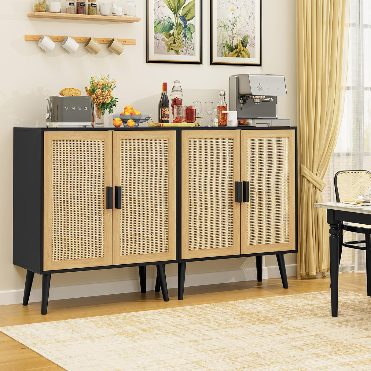 Iwell Storage Cabinet, Rattan Cabinet with Adjustable Shelf & Doors, Buffet Cabinet with Storage, Accent Cabinet for Living Room, Kitchen, Entryway, Natural+ Black Iwell