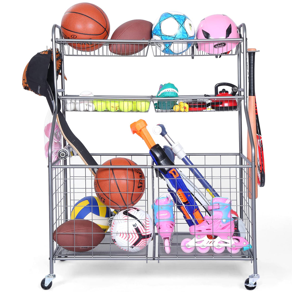 Kinghouse Garage Sports Equipment Organizer, Ball Storage Rack, Toy Storage, Nerf Gun Organization on Wheels for School, Garage, Black, Steel (Grey) Kinghouse