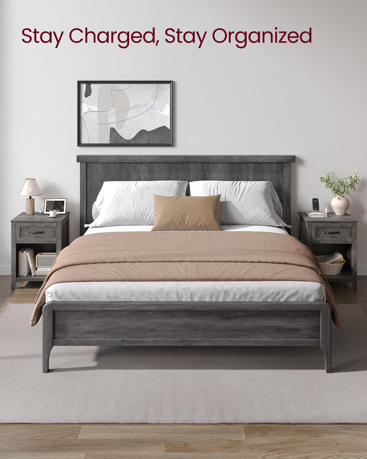 VASAGLE Farmhouse Nightstand with Charging Station, Bedside Table with Drawer, Open Compartment, Side Table with Storage, for Bedroom, Misty Gray ULET659G68 VASAGLE