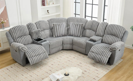 Power Recliner Sectional Sofa with Wireless Charger, Electric Reclining Sectionals Couch Sets with 2 Fuzzy Rabbit Plush Recliner,2 Pillows,USB Type-C Port,Storage Consloe,5 Seater for Living Room,Gray Comfort Stretch