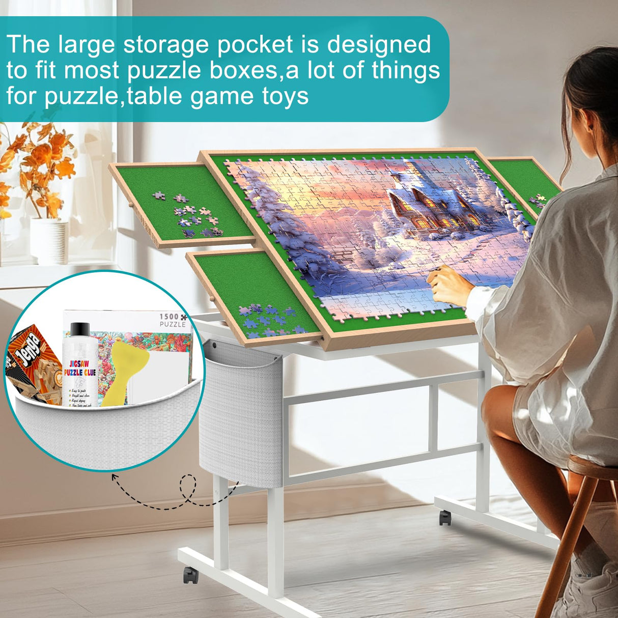 Doerpuz Jigsaw Puzzle Table 1500pcs,Puzzle Table with Legs and Storage Pocket,5 Adjustable Up Level Puzzle Tables for Adults，Puzzle Table with Drawers and Wheels,Wooden and Green Color Doerpuz