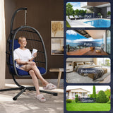 LEVELEVE Egg Chair with Stand,Patio Rattan Wicker Hanging Swing Egg Chair Hammock Chair for Porch Garden,Thickened Aluminum Alloy Steel Frame and UV Resistant Cushion,350LBS Capacity(Dark Blue) LEVELEVE