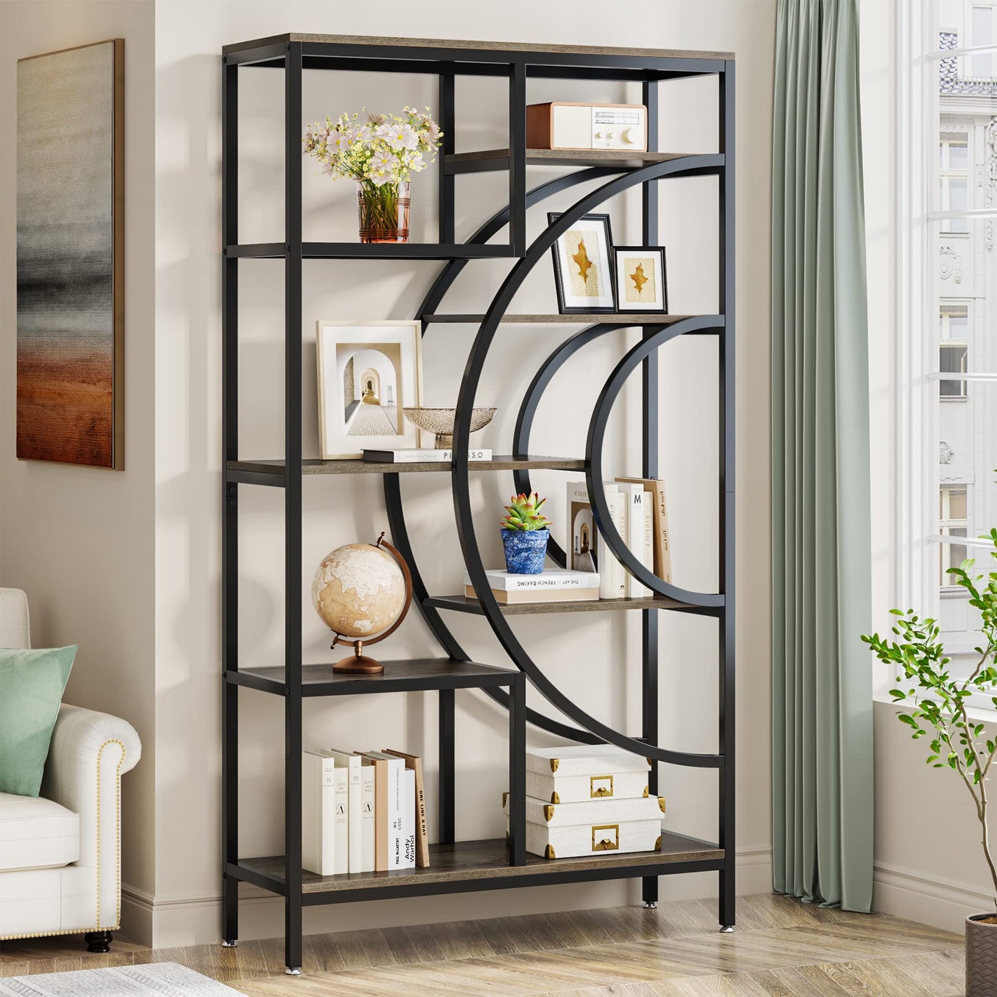 Tribesigns 71-Inch Geometric Industrial Bookcase with 8 Tiers and Metal Frame for Elegant Open Storage - WoodArtSupply