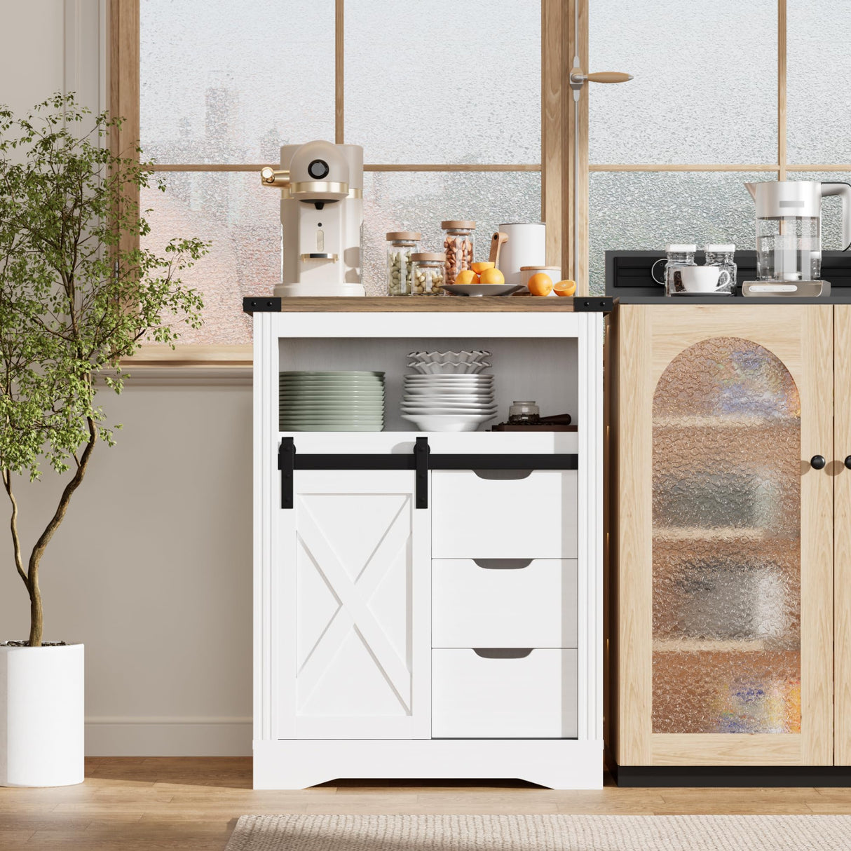 JUMMICO White Storage Cabinet with Doors and Drawers, Farmhouse Sideboard Buffet, Kitchen Pantry Hutch Cabinet, Coffee Bar for Living Room, Dining Room JUMMICO