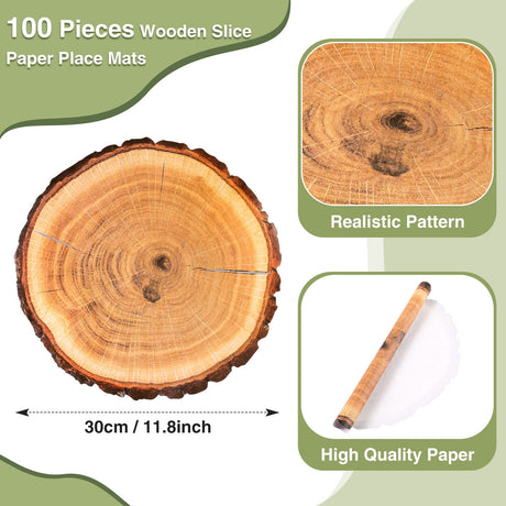 TaoBary 100 Pieces Disposable Wooden Slice Paper Place Mats Round Rustic Brown Wood Slices Charger Place Mat Bulk Table Paper Placemats for Summer Spring Fall Wedding Dinner Baby Shower Birthday Party TaoBary