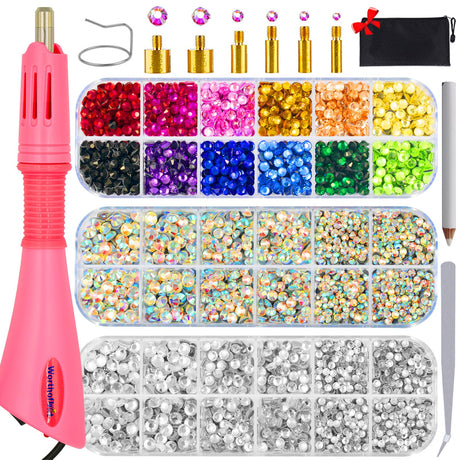 Worthofbest Hotfix Rhinestone Setter, Hot Fix Applicator Tool Bedazzler Kit with rhinestones, Kit, Hot Fixed Wand for Clothes Clothing Fabric Crafts, 5000 Pcs, AB Crystal, Clear, 3 Gems Sizes, Tips Worthofbest