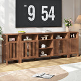 BVIUNTWO Farmhouse Brown TV Stand with Grille Doors, 7 Open Storage Compartments, 96" Media Console with Adjustable Shelves for Living Room BVIUNTWO