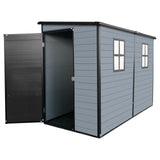 LANTRO JS 4x8FT Plastic Storage Shed with Floor, Outdoor Storage Shed with Floor Included, with 2 Windows and Lockable Door, Backyard Storage Sheds for Garden Tools, Bike, Gray and Black LANTRO JS