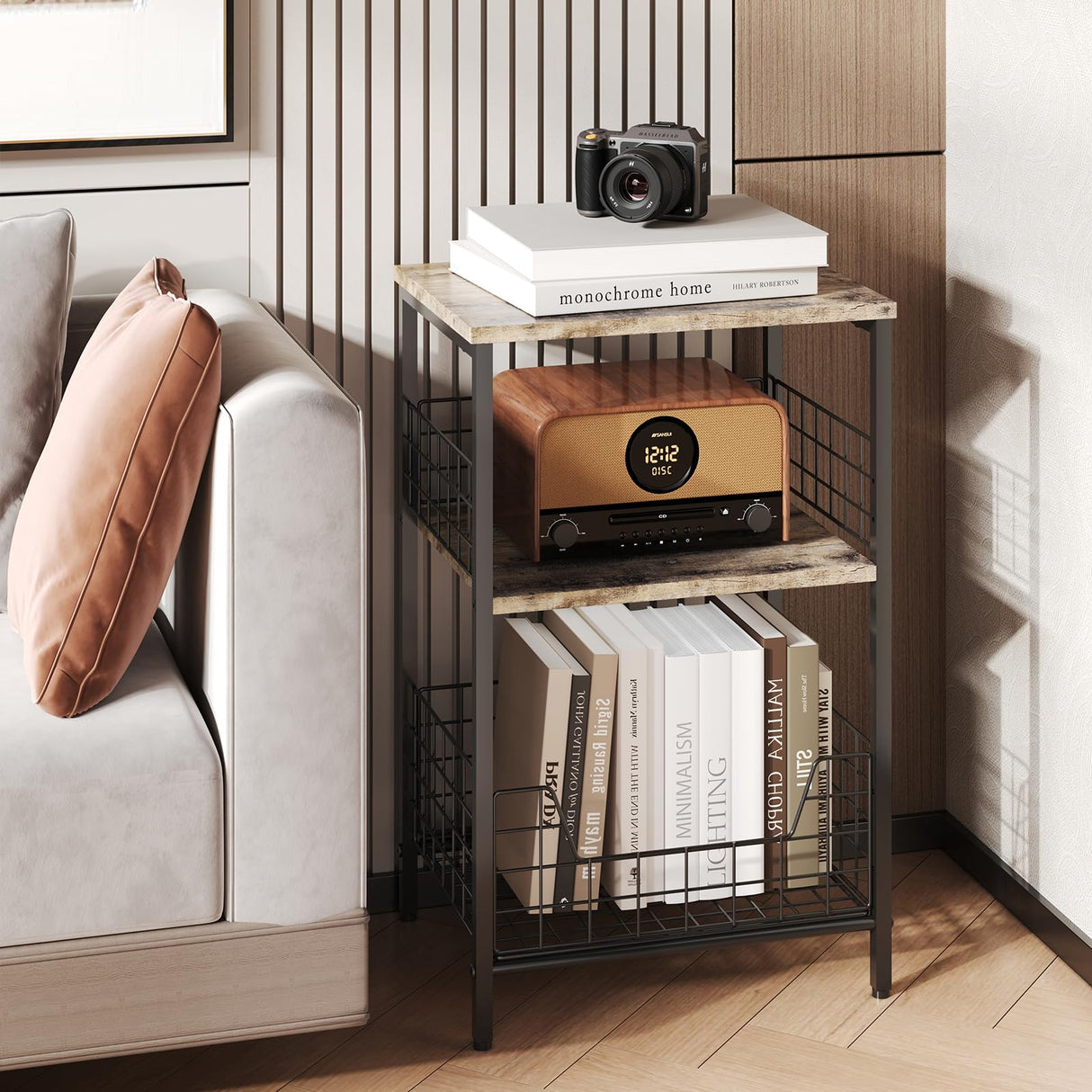 X-cosrack Industrial Retro End Table with 3-Tier Storage for Versatile Use in Living Room, Bedroom, and Office X-cosrack