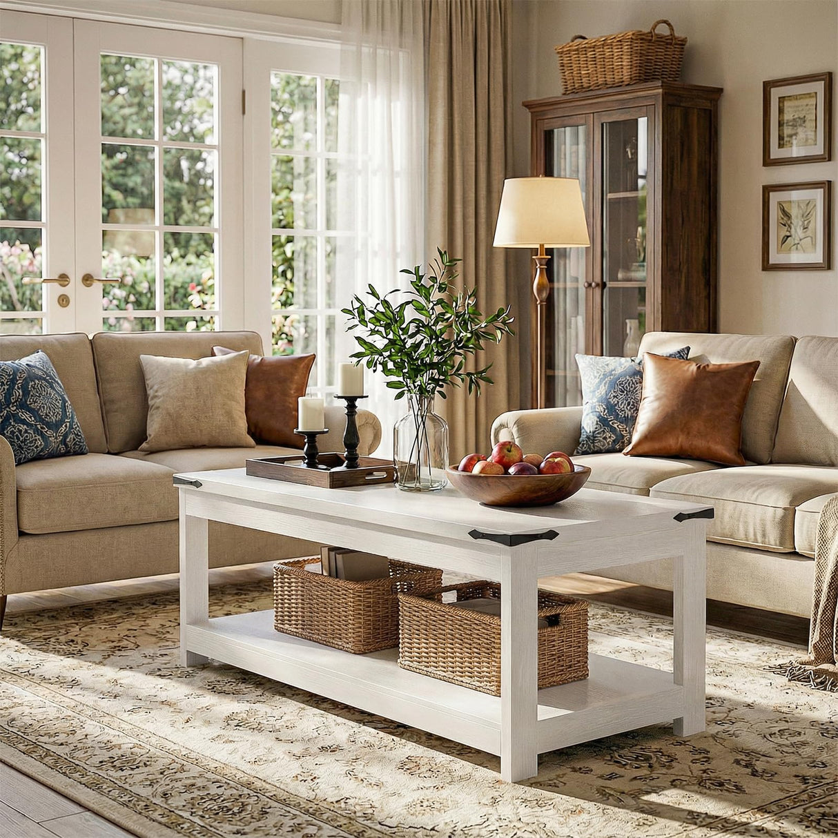 Homieasy Coffee Table with Storage Shelf, 43.3” Farmhouse Wood Coffee Tables for Living Room, Modern Center Tea Table, White