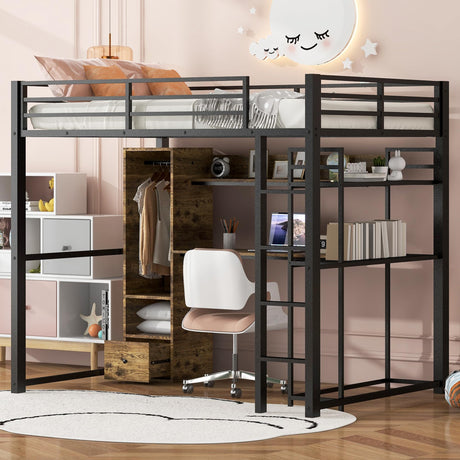 Metal Full Size Loft Bed with Desk,Heavy Duty Loft Bed with Wardrobe and Storage Shelves,Loft Bed Full Size with Drawers, Black Loft Bed for Kids,Teens,Adults Bellemave