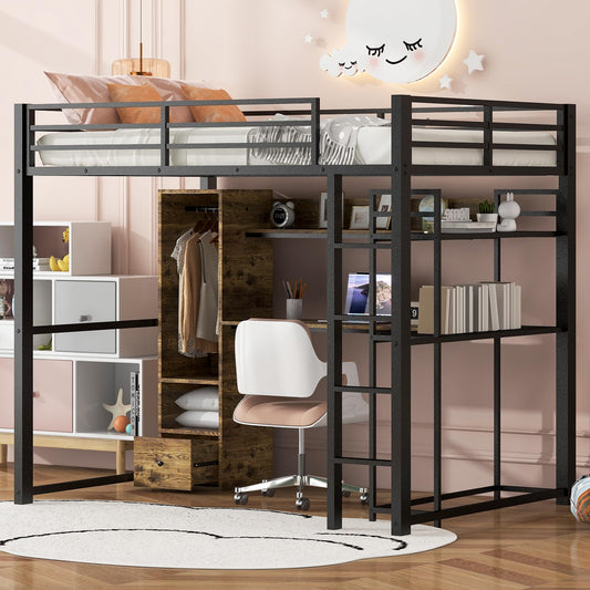 Metal Full Size Loft Bed with Desk,Heavy Duty Loft Bed with Wardrobe and Storage Shelves,Loft Bed Full Size with Drawers, Black Loft Bed for Kids,Teens,Adults