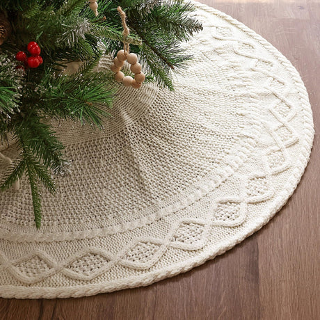 LimBridge Knitted Christmas Tree Skirt: 36 Inches Cream White Tree Skirt, Diamond Edge Cable Knit Thick Rustic Christmas Tree Decorations, Christmas Decor Xmas Holiday Home Party Decorations LimBridge