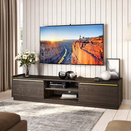 BELLEZE 69" TV Stand for TVs up to 75", Media Entertainment Center with 2-Tier Open Shelves and 2 Storage Cabinets, Wood Console Table for Living Room, Bed Room - Cayden (Brown) BELLEZE