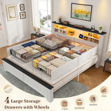 EnHomee King Bed Frame and Headboard, King Size Bed Frame with 4 Storage Drawers, King Bed King with LED Lights & Charging Ports,No Box Spring Needed,NO Noise,Wooden, White EnHomee