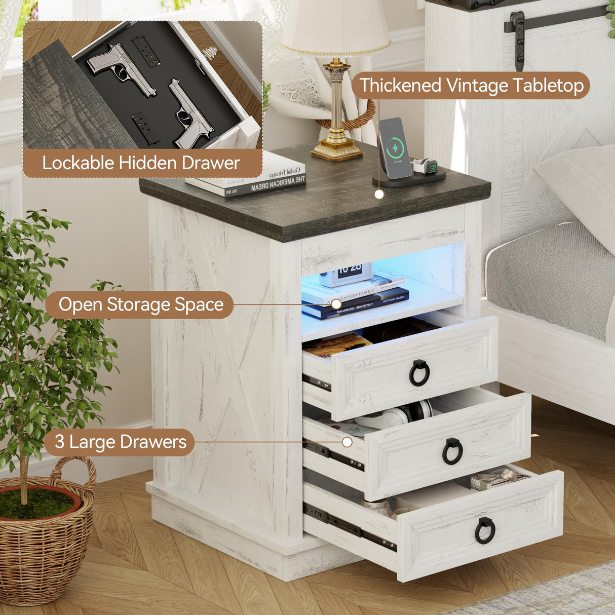 Lvifur Farmhouse Nightstand with Gun Drawer, Human Sensor LED Bedside Table with LED Lights & Charging Station, Rustic Wood Sofa Side End Table with 3 Drawers for Bedroom (Antique White) Lvifur