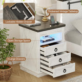 Lvifur Farmhouse Nightstand with Gun Drawer, Human Sensor LED Bedside Table with LED Lights & Charging Station, Rustic Wood Sofa Side End Table with 3 Drawers for Bedroom (Antique White) Lvifur