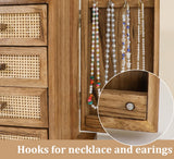 Jewelry Organizer, Rattan Jewelry Box, 5 Layer Wooden Jewelry Organizer Box with Mirror, Jewelry Boxes with 4 Drawers for Women Men, Jewelry Storage for Rings Earrings Necklaces Bracelets Watch Miss Rabbit