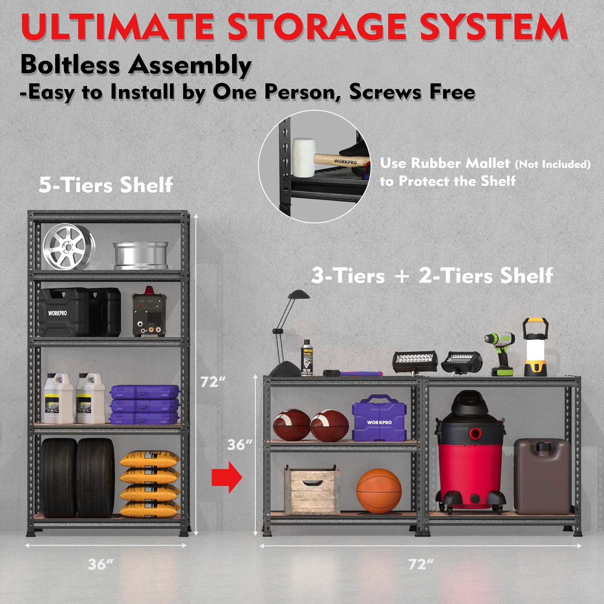 WORKPRO 5-Tier Metal Shelving Unit, 48”W x 24”D x 72”H, Heavy Duty Adjustable Storage Rack, 4000 lbs Load Capacity (Total), for Garage, Basement, Warehouse, Workshop - WoodArtSupply