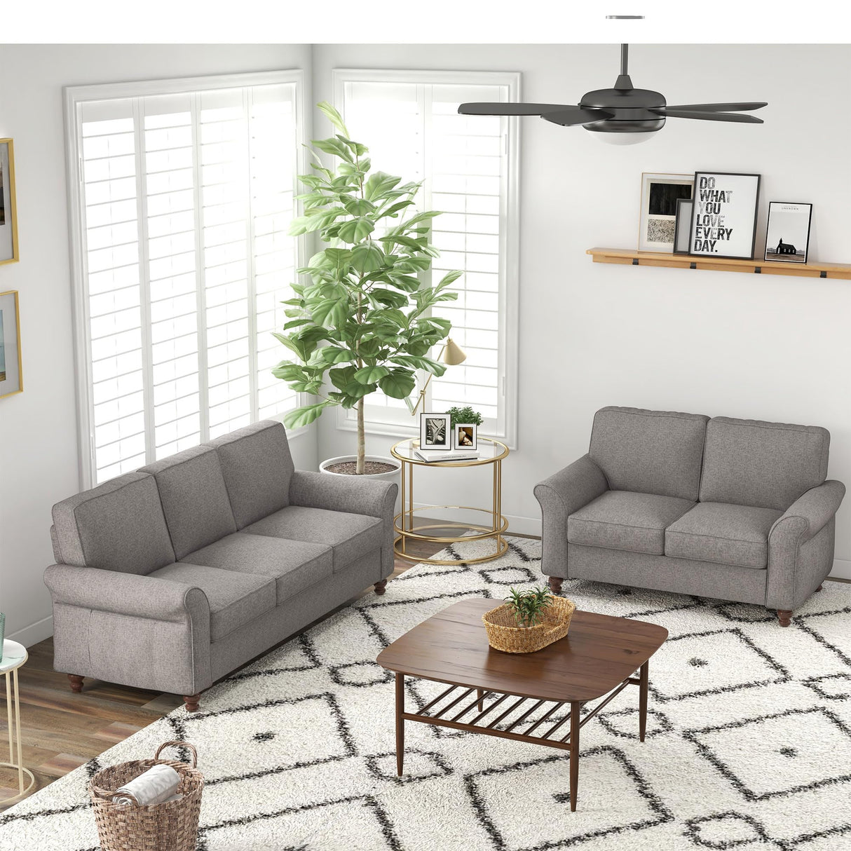 Bonzy Home 57" Loveseat Sofa, 2 Seater Sofa for Living Room, Upholstered Comfy Sofa Couch for Small Space, Living Room, Apartment, Office, Grey Bonzy Home