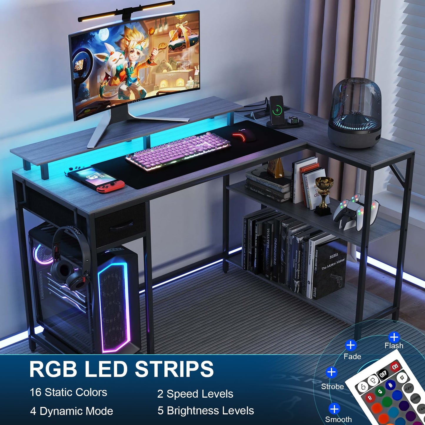 Eivanet 47 Inch L Shaped Desk Gaming Desk with LED Strip & Power Outlet, Reversible L-Shaped Computer Desk with Storage Shelf & Drawer, Corner Desk with Hook & Monitor Stands, Home Office Des - WoodArtSupply