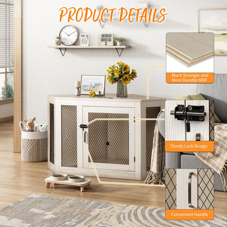 PUKAMI Corner Dog Crate Furniture,44/52inch Wooden Dog Kennel Furniture with Mesh,Decorative Wood Dog House for Indoor use,Dog Crate for Small/Medium/Large Dog,Perfect for Limited Room PUKAMI