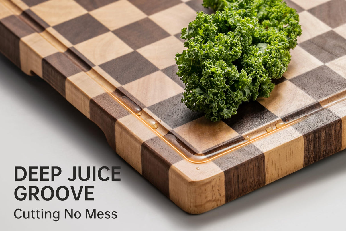 THETCHRY Large Wood Cutting Boards for Kitchen - Design in USA Checkered Cutting Board, Butcher Block Acaia Wood Cutting Board for Kitchen with Juice Grooves & Built in Handles, 17"L x 12"W x 0.8"Th thetchry