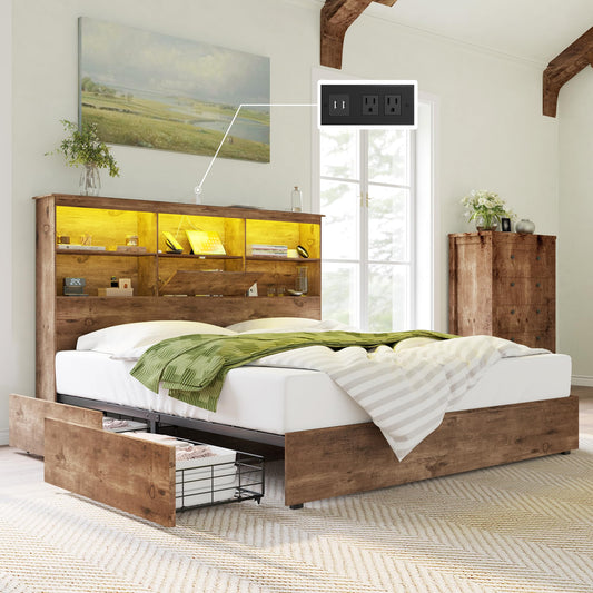 AMERLIFE Rustic Brown King Size Wooden Bed Frame with LED Bookcase Headboard, Storage Drawers, and Charging Station - WoodArtSupply