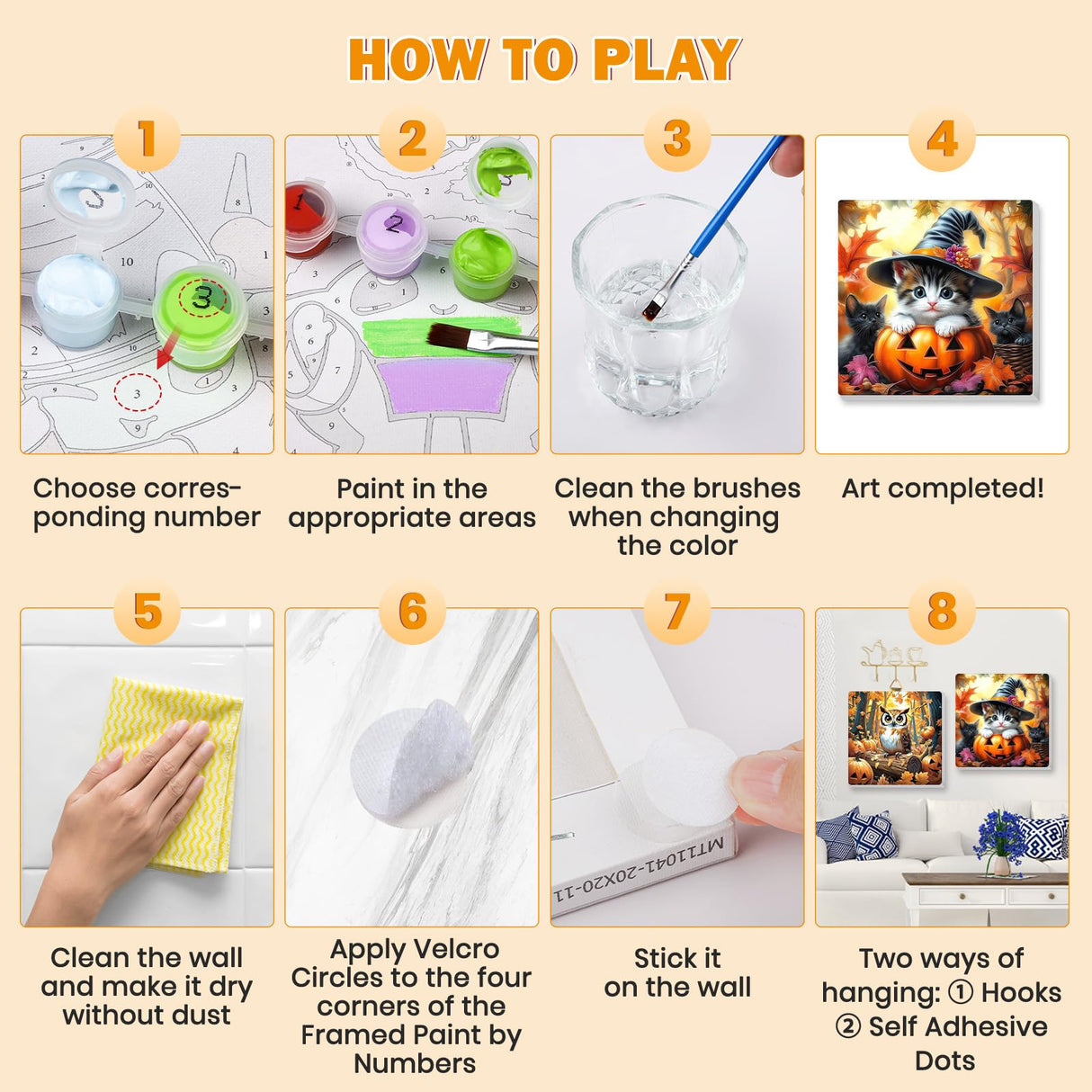 Bowetile 4 Pack Fall Framed Paint by Numbers for Adults Beginners, Easy Adults' Paint-by-Number Kits on Canvas, Acrylic Animals Number Painting Crafts Kits Halloween Gifts for Home Decor, 8x8in Bowetile