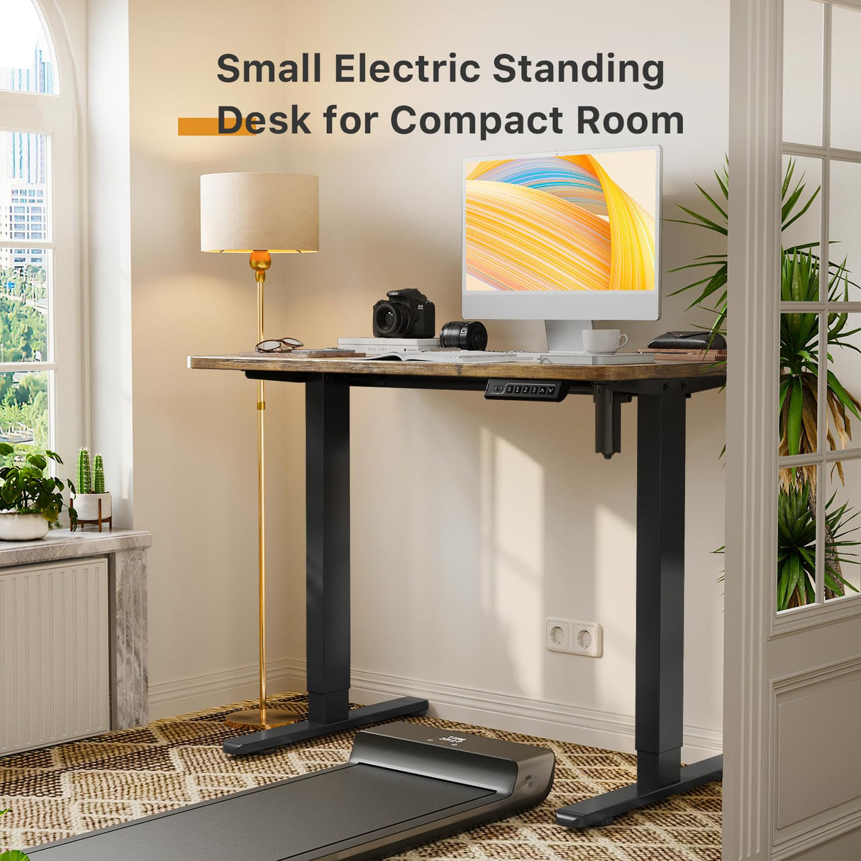 JOY worker Small Electric Standing Desk, 35" x 20" Whole Piece Height Adjustable Desk with Memory Controller, Grey Sit to Stand Desk Workstation for Home Office, Rustic JOY worker