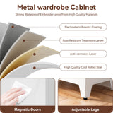 YAUWOH Farmhouse Wardrobe Cabinet,Metal Wardrobe Closet with Hanging Rod,Metal Armoire with Adjustable Shelves for Bedroom,Living Room, Cloak Room,Office (White) YAUWOH