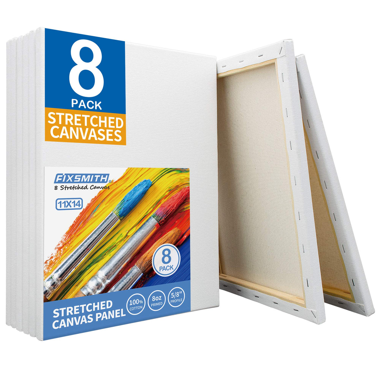 FIXSMITH Stretched White Blank Canvas - 11x14 Inch, 8 Pack, Primed,100% Cotton,5/8 Inch Profile of Super Value Pack for Acrylics,Oils & Other Painting Media FIXSMITH