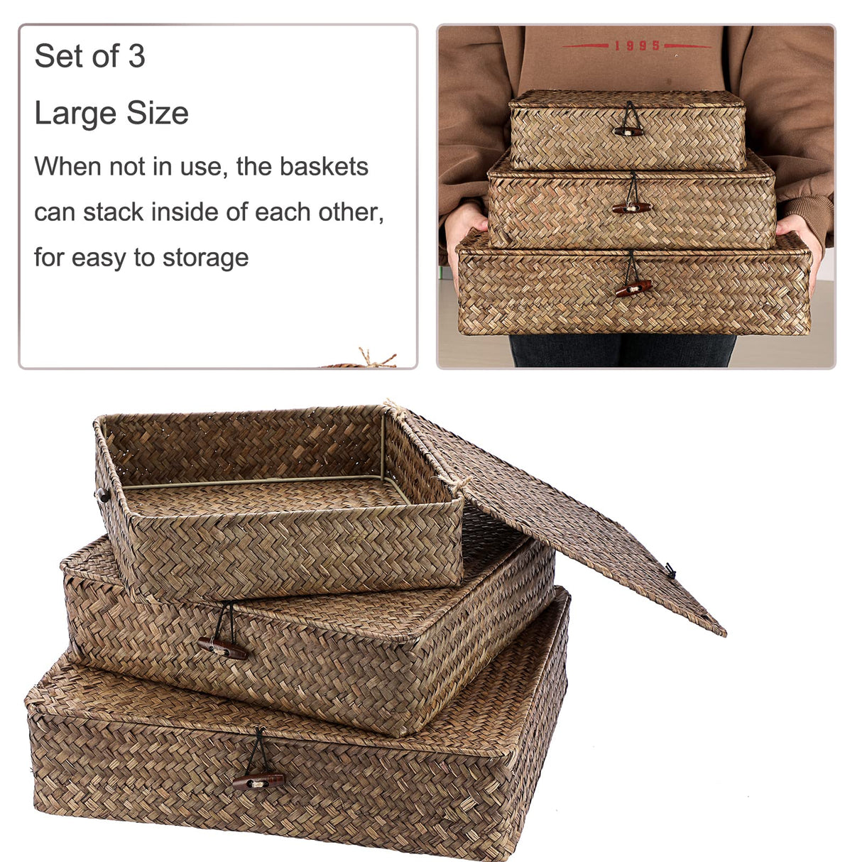 Hipiwe Flat Wicker Basket Bins with Lid - Set of 3 Handwoven Seagrass Storage Basket Shelf Baskets Boxes Multipurpose Home Organizer Bins Boxes for Shelf Pantry Closet,Large Size 14.8"x13" Coffee Hipiwe
