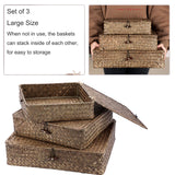Hipiwe Flat Wicker Basket Bins with Lid - Set of 3 Handwoven Seagrass Storage Basket Shelf Baskets Boxes Multipurpose Home Organizer Bins Boxes for Shelf Pantry Closet,Large Size 14.8"x13" Coffee Hipiwe