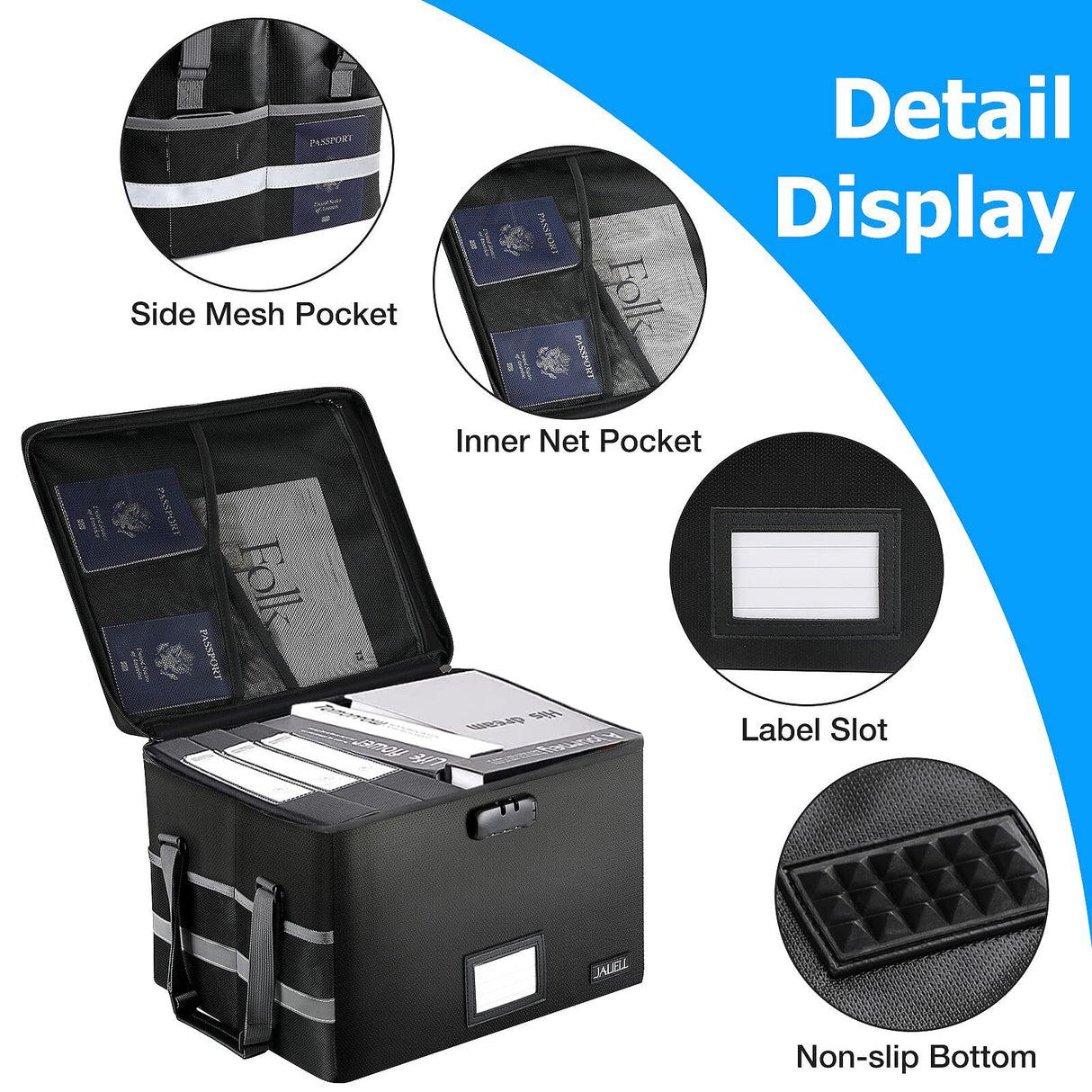 JALIELL Upgraded File Box with Lock, Fireproof Document File Organizer Box with Water-Resistant Zipper & Adjustable Handle, Collapsible Filing File Cabinet for Hanging Letter/Legal Folder (Black) JALIELL