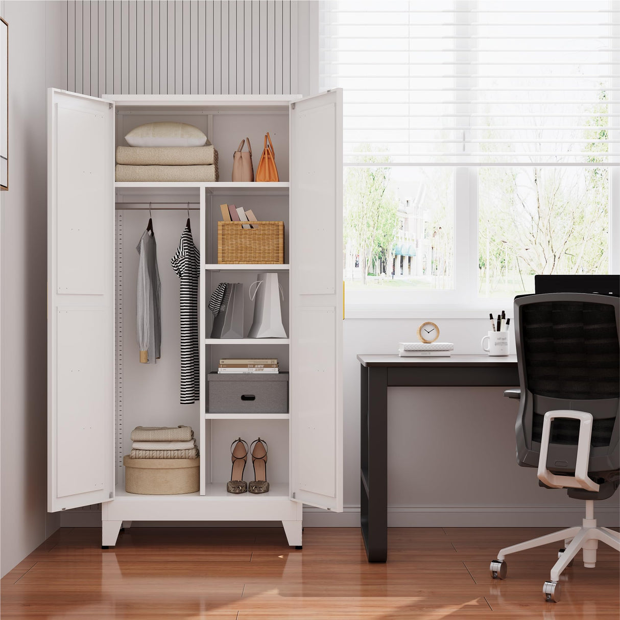 XIUSVON Metal armoire Wardrobe Closet with Hanging Rod,71'' Metal Wardrobe Cabinet with 2 Doors and 2 Adjustable Shelves, Bedroom armoires,Laundry Room cabinets,armario de ropa Closet(Modern, White) XIUSVON