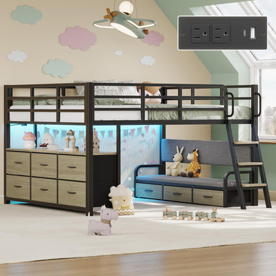 busyaeh Low Loft Bed Full Size,Full Loft Bed for Kids with 9 Storage Drawers & 15.8" H Safety Guardrail & Inclined Ladder & Safety Handrail & LED Lights and Charging Station,Toddler Loft Beds,Oak Gray